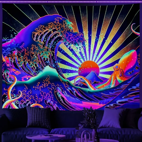 Black Light Great Wave Dark Neon Wall Art Blacklight Octopus Sunrise Tapestry
